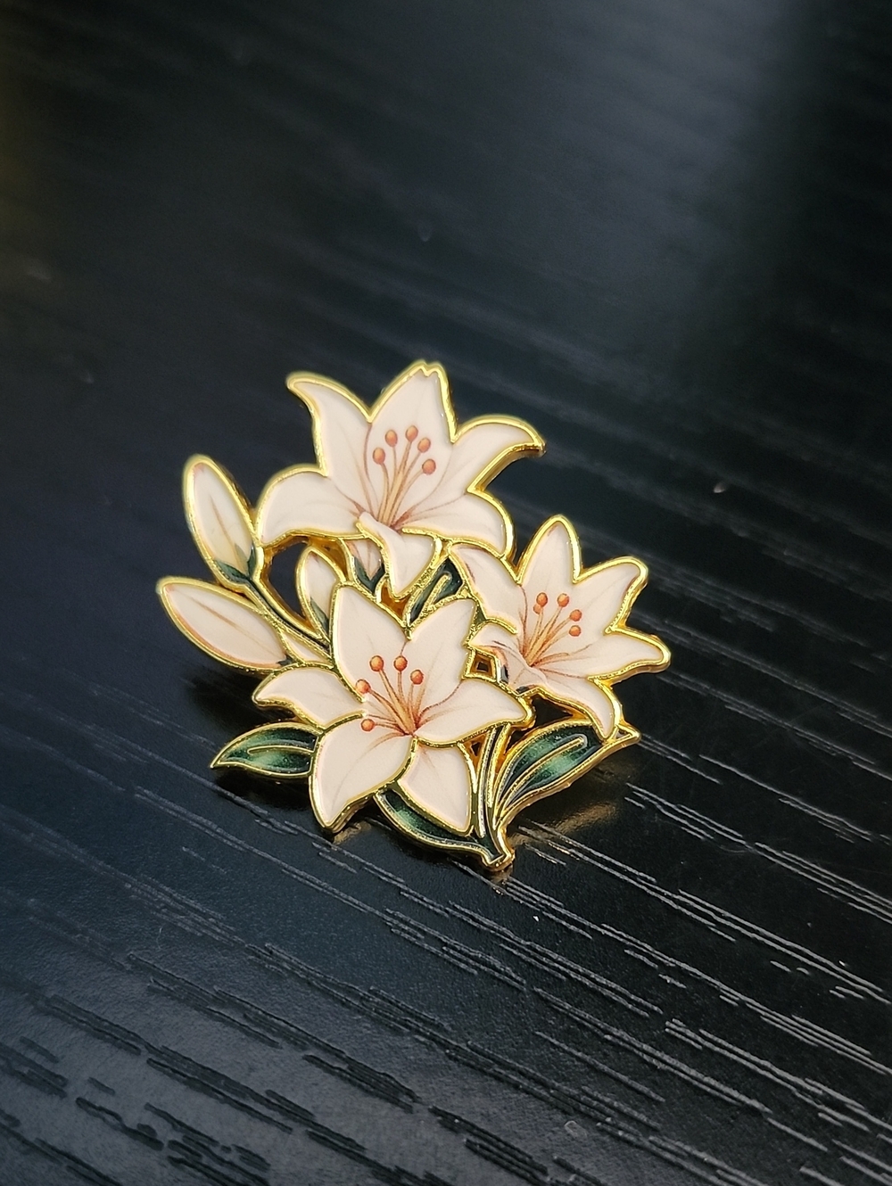 Gold-Trim White Lily Floral Enamel Brooch - Women Jewelry